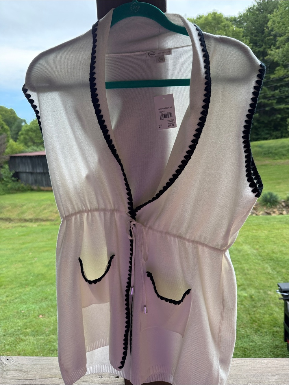 Cato Ivory Drawstring Sleeveless Knit Sweater Vest with Black Trim